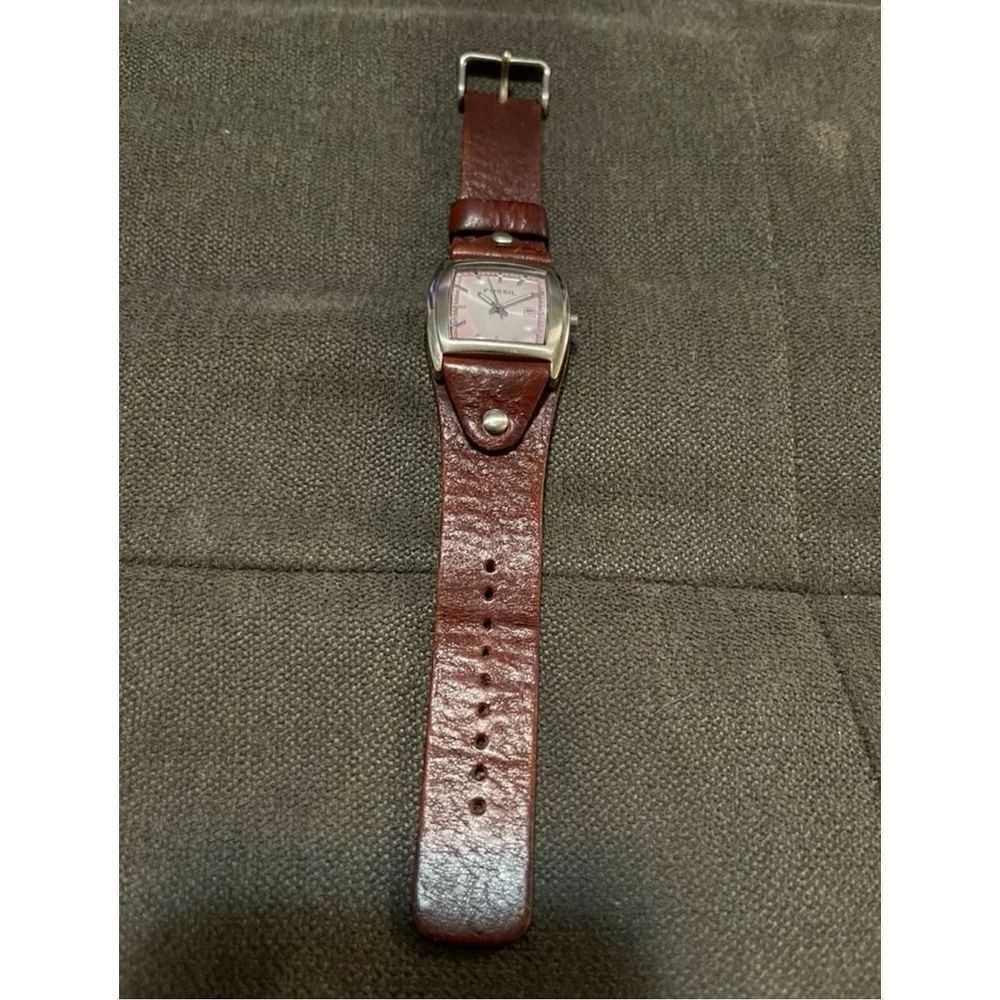 Fossil woman’s JR- 8480 silver cuff brown leather band analog quartz watch